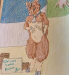  abdominal_bulge anthro aster(atlasnaster) atlasnaster_(artist) bell bell_collar bovid breasts brown_body brown_fur bulge caprine collar duo english_text female female_pred fur hooves horn male male/female mammal sheep size_difference size_play smaller_male struggling struggling_prey text vore 