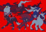  absol claws closed_mouth darkrai fang fangs highres hisuian_samurott honchkrow horns houndoom no_humans pokemon pokemon_(creature) red_background red_eyes simple_background tail v_(govvvvw) weavile 