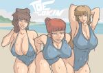  3girls artist_name beach blue_one-piece_swimsuit breasts huge_breasts joe_gokin multiple_girls non-web_source one-piece_swimsuit swimsuit umineko_no_naku_koro_ni ushiromiya_eva ushiromiya_natsuhi ushiromiya_rosa 