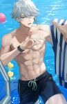  1boy 1other abs absurdres alhaitham_(genshin_impact) aqua_eyes ball genshin_impact grey_hair hair_between_eyes highres holding male_focus male_swimwear nipples open_mouth pectorals pool_ladder rubber_duck sjamki solo swim_trunks toned toned_male topless_male water wet wet_hair 