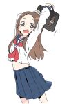  1girl arms_up bag blue_sailor_collar blue_skirt blush brown_eyes brown_hair collarbone commentary commentary_request cowboy_shot holding holding_bag ixy karakai_jouzu_no_takagi-san long_hair long_sleeves looking_at_viewer neckerchief open_mouth red_neckerchief sailor_collar school_bag school_uniform serafuku shirt simple_background skirt solo takagi-san white_background white_shirt 