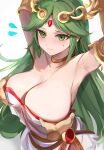  1girl 1other armpits arms_up blush breasts cleavage grabbing grabbing_another&#039;s_breast green_eyes green_hair highres kid_icarus kid_icarus_uprising large_breasts palutena simple_background sweatdrop tagme tomas_(kaosu22) white_background 