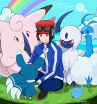  1boy absol altaria anniversary blue_jacket blue_pants calem_(pokemon) clefable closed_mouth commentary_request copyright_name dated eyewear_on_headwear genjitsu_o_miro grass grey_eyes hat highres jacket long_sleeves male_focus meowstic pants pokemon pokemon_(creature) pokemon_(game) pokemon_xy red_headwear shoe_soles shoes short_hair sitting sunglasses yarn yarn_ball zipper_pull_tab 
