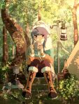  1girl :o beanie blue_hair blush boots brown_pants camping camping_chair clock coffee_mug cup dappled_sunlight digital_clock fur-trimmed_boots fur_trim grass green_jacket hat highres holding holding_cup jacket knee_boots lamp long_sleeves looking_at_viewer mug multicolored_clothes multicolored_jacket nature orange_jacket outdoors pants parted_lips purple_eyes scarf shima_rin sidelocks sitting solo sunlight tent time tree white_headwear white_scarf winter_clothes ycdmpoo yurucamp 