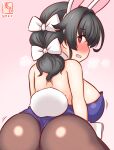  1girl alternate_costume animal_ears ass black_hair blush bow bowtie breasts brown_pantyhose covered_navel detached_collar fake_animal_ears hair_between_eyes hair_flaps heart heart-shaped_pupils highleg highleg_leotard jingei_(kancolle) kanon_(kurogane_knights) kantai_collection large_breasts leotard long_hair looking_at_viewer looking_back low_ponytail one-hour_drawing_challenge open_mouth pantyhose playboy_bunny purple_leotard rabbit_ears rabbit_tail red_eyes smile solo strapless strapless_leotard symbol-shaped_pupils tail traditional_bowtie wrist_cuffs 