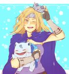  1girl 1other blonde_hair blue_eyes bulbasaur cape commission fingerless_gloves fire_emblem fire_emblem:_radiant_dawn gloves headband heather_(fire_emblem) highres looking_at_viewer namiine one_eye_closed pokemon pokemon_(game) second-party_source 
