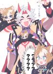  2boys ? ^_^ absurdres animal_ears aqua_eyes arataki_itto armor blush_stickers bodypaint brown_hair character_doll closed_eyes dog_boy dog_ears facepaint fang genshin_impact gorou_(genshin_impact) grey_hair hair_between_eyes highres homare_(g_hmr88) japanese_armor japanese_clothes long_hair male_focus multicolored_hair multiple_boys open_mouth red_hair simple_background sparkle star_(symbol) stuffed_toy sweat toned toned_male translation_request vision_(genshin_impact) waving white_background 