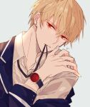  1boy biting blonde_hair collared_shirt commentary_request earrings fate/grand_order fate_(series) gilgamesh_(fate) hand_up highres jewelry lapels long_sleeves looking_at_viewer male_focus notched_lapels red_eyes shirt short_hair shu_(oshigoto_boshuuchuu) signature simple_background solo teeth upper_body watch white_shirt wristwatch 