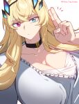  1girl absurdres blonde_hair breasts choker cleavage collarbone dress fairy_knight_gawain_(dream_portrait)_(fate) fairy_knight_gawain_(fate) fate/grand_order fate_(series) green_eyes heterochromia highres horns house_tag_denim huge_breasts long_hair looking_at_viewer red_eyes short_sleeves solo white_dress 