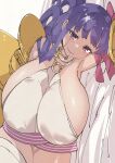  1girl absurdres bare_shoulders bb_(fate) breasts fate/extra fate/extra_ccc fate/extra_ccc_fox_tail fate/grand_order fate_(series) gigantic_breasts hair_ribbon highres long_hair looking_at_viewer lying o-ring o-ring_top on_side passionlip_(fate) pink_eyes purple_hair ribbon sideboob smile solo ushiki_yoshitaka 