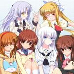  6+girls :d ^_^ ahoge air_(visual_novel) angel_beats! animal_hug antenna_hair black_dress black_jacket blonde_hair blue_eyes blush bow brown_coat brown_eyes brown_gloves brown_hair cat clannad closed_eyes closed_mouth coat company_connection cross crossover dress dress_shirt expressionless eyes_visible_through_hair floating_hair fox frown furukawa_nagisa gloves grin hair_between_eyes hair_bow hairband half_updo hand_up happy highres holding_hands hood hood_down inari_(summer_pockets) jacket kamio_misuzu kanon key_(company) knee_up knees_up little_busters! long_hair long_sleeves looking_at_another looking_at_viewer looking_to_the_side medium_hair milestone_celebration mittens multiple_girls naruse_shiroha natsume_rin neck_ribbon necktie open_mouth otou_(otou_san) parted_lips piro ponytail puffy_short_sleeves puffy_sleeves red_eyes red_hairband red_necktie ribbon sailor_collar school_uniform second-party_source shirt short_necktie short_sleeves shy sidelocks simple_background sitting smile standing straight_hair summer_pockets tachibana_kanade tsukimiya_ayu upper_body v white_background white_bow white_sailor_collar white_shirt yellow_jacket yellow_ribbon yellow_shirt 