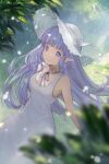  1girl absurdres blunt_bangs blurry blush breasts cleavage depth_of_field dress granblue_fantasy hat highres light_particles lily_(granblue_fantasy) long_hair medium_breasts neck_ribbon outdoors plant pointy_ears purple_eyes purple_hair ribbon sidelocks snowflake_print solo stella_(luminita459) sun_hat sundress sunlight tree white_dress white_headwear white_ribbon 