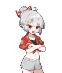  1girl :d ahoge alternate_costume alternate_hairstyle bikini bikini_top_only bow commentary_request cowboy_shot food fruit fruit_hair_ornament grey_hair grey_shorts hair_bow hair_ornament hair_up hawaiian_shirt highres lemon lemon_slice looking_at_viewer midriff mokou_cooking navel open_mouth red_bow red_eyes red_shirt shirt short_sleeves shorts simple_background smile solo swimsuit tied_shirt touhou two-tone_bow white_background white_bow x_hair_ornament 