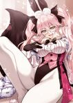  1girl animal_ear_fluff animal_ears black_bow black_gloves blush bow breasts cloak coattails collared_shirt corset dress_shirt fate/grand_order fate_(series) fox_tail fur-trimmed_cloak fur_trim glasses gloves hair_between_eyes hair_bow highres koyanskaya_(assassin)_(second_ascension)_(fate) koyanskaya_(fate) large_breasts leotard long_hair long_sleeves looking_at_viewer open_mouth pantyhose pink_hair rabbit_ears shirt sidelocks smile solo ssk_(yoiosushi) tail tamamo_(fate) thighs twintails underbust white_cloak white_pantyhose white_shirt yellow_eyes 