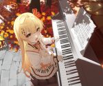  1girl autumn_leaves blonde_hair brown_dress dress hair_ornament hair_ribbon highres hololive hololive_dev_is instrument jacket looking_at_viewer mummemmim music musical_note musical_note_hair_ornament otonose_kanade piano_keys playing_instrument playing_piano red_eyes red_ribbon ribbon sheet_music smile solo virtual_youtuber white_jacket 