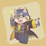  anthro blue_body blue_fur blush canid canine canis chibi clothing crave_saga domestic_dog eyebrows eyewear fur glasses hi_res igarashi_ta lucian_(crave_saga) magic magic_user magic_wand male mammal pawpads robe solo star_marking thick_eyebrows 