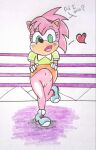  &lt;3 amy_rose anthro bottomless classic_amy_rose classic_sonic_(universe) clothed clothing dialogue eulipotyphlan female flashing fur genitals green_eyes hedgehog hi_res mammal pink_body pink_fur presenting pussy question reddragonkan sega solo sonic_the_fighters sonic_the_hedgehog_(series) traditional_media_(artwork) upskirt 