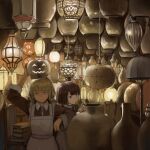  2girls apron arm_up blonde_hair blue_eyes bob_cut book book_stack brown_dress brown_hair ceiling_light chain chair collared_dress dress glowing hanging_light highres indoors inspecting jack-o&#039;-lantern lamp lantern looking_ahead looking_at_viewer low_twintails maid monono_fumeme multiple_girls object_on_head original short_hair smile too_many twintails white_apron yellow_eyes 