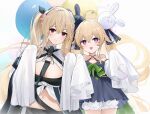  2girls :d ahoge anchorage_(azur_lane) attilio_regolo_(azur_lane) azur_lane bare_shoulders bloomers bow breasts cleavage criss-cross_halter fang green_bow halterneck heart heart-shaped_pupils highres large_breasts light_brown_hair multiple_girls navel purple_eyes qing_wu sleeves_past_fingers sleeves_past_wrists smile symbol-shaped_pupils twintails two-tone_ribbon underwear white_bloomers 