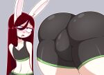  absurd_res anthro blush bulge clothed clothing frowntown girly hair hi_res lagomorph leporid long_hair male mammal rabbit simple_background skimpy solo tight_clothing 