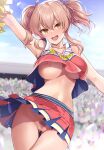  1girl :d arm_up armpits ass_visible_through_thighs blue_sky blush breasts cheering cheerleader cloud collarbone crop_top day hair_between_eyes hair_ribbon highres holding holding_pom_poms idolmaster idolmaster_cinderella_girls jougasaki_mika large_breasts lips long_hair looking_at_viewer midriff mk_(mod0) navel no_bra no_panties open_mouth outdoors pink_hair pleated_skirt pom_pom_(cheerleading) pubic_hair pussy ribbon skirt sky sleeveless smile stadium teeth twintails upper_teeth_only yellow_eyes 