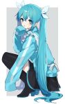  1girl :o absurdres black_skirt blue_eyes blue_hair blue_jacket boots cha_sakura frilled_jacket frills from_side full_body grey_background hair_ribbon hatsune_miku high_heel_boots high_heels highres jacket long_hair long_sleeves looking_at_viewer looking_to_the_side open_mouth ribbon skirt sleeves_past_fingers sleeves_past_wrists solo squatting thigh_boots track_jacket twintails two-tone_background very_long_hair vocaloid white_background white_ribbon 