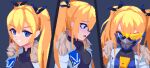  blonde_hair blue_eyes blue_ribbon bodysuit brodall_pixel fur-trimmed_jacket fur_trim goddess_of_victory:_nikke highres jacket laplace_(nikke) looking_at_viewer mask multiple_views pixel_art ribbon smile twintails white_jacket 