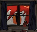  2021 curtains curtains_open digital_drawing_(artwork) digital_media_(artwork) dim_lighting feral fur hair looking_at_viewer looking_through looking_through_window macro orange_eyes orange_hair raster_dreams smile solo solo_focus white_body white_fur 