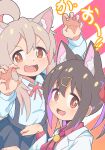  2girls :d absurdres ahoge animal_ear_fluff animal_ears black_hair black_skirt bolo_tie brown_eyes cat_ears claw_pose commentary extra_ears fang grey_hair hair_between_eyes hair_ornament hairclip highres kemonomimi_mode lab_coat long_hair looking_at_viewer multicolored_hair multiple_girls namari_siro onii-chan_wa_oshimai! open_mouth oyama_mahiro oyama_mihari paw_pose purple_hair red_shirt school_uniform shirt siblings sisters skirt smile suspender_skirt suspenders two-tone_hair white_shirt 