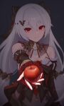  1girl absurdres ai_dongdong apple bare_shoulders black_sleeves blurry breasts cleavage closed_mouth commentary_request covered_navel detached_sleeves earrings food fruit grey_background grey_hair hair_between_eyes hair_ornament highres holding holding_food honkai_(series) honkai_impact_3rd jewelry juliet_sleeves long_hair long_sleeves looking_at_viewer medium_breasts outstretched_arm puffy_sleeves red_apple red_eyes simple_background smile solo theresa_apocalypse very_long_hair 