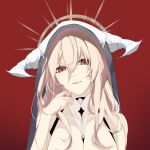 1girl absurdres azur_lane bare_shoulders black_veil blonde_hair breasts cleavage fake_horns hair_between_eyes halo hand_on_own_cheek hand_on_own_face head_tilt highres horns huangmao implacable_(azur_lane) large_breasts long_hair looking_at_viewer parted_lips portrait red_background red_eyes sidelocks simple_background solo straight-on tongue tongue_out veil 