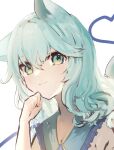  1girl :3 animal_ear_fluff animal_ears cat_ears clenched_hand close-up closed_mouth commentary frilled_shirt_collar frills green_eyes green_hair hair_between_eyes hand_up heart heart_of_string komeiji_koishi light_blush looking_at_viewer medium_hair no_headwear shirt simple_background sketch smile solo touhou tsukikusa wavy_hair white_background yellow_shirt 