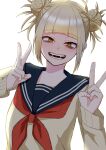  1girl absurdres bags_under_eyes blonde_hair blue_sailor_collar blunt_bangs boku_no_hero_academia cardigan double_bun double_v fangs hair_bun hands_up highres looking_at_viewer messy_hair mochi_(mochinoirasuto) neckerchief open_mouth red_neckerchief sailor_collar sidelocks simple_background solo teeth toga_himiko v white_background yellow_cardigan yellow_eyes 