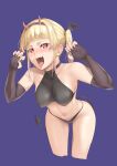  1girl absurdres bikini black_bikini black_gloves blonde_hair blush breasts claw_pose collarbone commentary cropped_legs demon_horns demon_tail elbow_gloves fake_horns fingerless_gloves gloves gradient_hair hands_up heart heart_in_eye highres horns leaning_forward long_hair looking_at_viewer medium_breasts multicolored_hair navel open_mouth original pink_hair purple_background red_eyes sidelocks simple_background solo stomach swimsuit symbol_in_eye tail takumi_nosiro teeth tongue tongue_out twintails upper_teeth_only wing_hair_ornament 