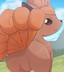  2023 ambiguous_gender brown_body brown_eyes detailed_background featureless_crotch feral generation_1_pokemon grass looking_at_viewer looking_back looking_back_at_viewer nintendo plant pokemon pokemon_(species) quadruped rear_view rumine sky smile solo tree vulpix 