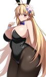  1girl ahoge animal_ears arcueid_brunestud black_leotard blonde_hair breasts detached_sleeves eyebrows_hidden_by_hair fake_animal_ears fate/grand_order fate_(series) flower hair_between_eyes hair_flower hair_ornament highres imuzi large_breasts leotard long_hair looking_at_viewer pantyhose playboy_bunny rabbit_ears red_eyes simple_background solo thick_thighs thighhighs thighs tsukihime very_long_hair white_background wrist_cuffs 