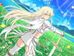  1girl armor ass blonde_hair blue_sky blush breastplate breasts brown_eyes cape cloud couter day falling_petals faulds field flower flower_field from_behind garter_straps gauntlets gorget grass greaves hair_between_eyes hand_on_hilt holding holding_sword holding_weapon lake large_breasts lens_flare leo_(senran_kagura) light_particles long_hair looking_at_viewer looking_back mountain mountainous_horizon official_art orange_flower outdoors pauldrons petals pink_flower plant planted planted_sword red_flower rerebrace senran_kagura senran_kagura_new_link senran_kagura_new_wave shoulder_armor skirt sky smile solo sparkle standing sunlight sword water weapon white_armor white_flower white_garter_straps white_skirt yaegashi_nan 