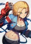  1girl armored_gloves blonde_hair blue_eyes blue_jacket breasts cammy_white choker collarbone commentary_request cropped_jacket curtained_hair english_text grey_background highres jacket kuroi_susumu large_breasts navel open_clothes open_jacket short_hair simple_background single_vambrace solo street_fighter street_fighter_6 vambraces yellow_choker 