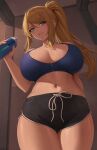  1girl alternate_costume bare_arms bare_shoulders black_shorts blonde_hair blue_sports_bra blush bottle breasts cleavage cowboy_shot hand_up highres holding holding_bottle large_breasts long_hair looking_at_viewer metroid navel parted_lips ponytail samus_aran short_shorts shorts sidelocks smile solo sports_bra thighs zaphn 