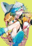  1boy ahoge bacon bishounen blue_footwear blue_headwear burger cheese closed_mouth commentary crossed_legs cup disposable_cup drinking_straw earrings english_commentary fast_food food foot_out_of_frame french_fries hair_between_eyes highres holding holding_cup ice_cream in_shopping_cart jewelry lettuce looking_at_viewer male_focus multiple_earrings mura_karuki one_eye_closed original pink_eyes pizza sesame_seeds shirt shoes shopping_cart short_sleeves shorts simple_background sitting sneakers soda solo stuffed_animal stuffed_shark stuffed_toy sundae tomato visor_cap watch white_hair white_shorts wristband wristwatch yellow_background yellow_shirt 
