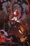  1girl arknights arms_at_sides belt black_coat black_dress breasts closed_mouth coat coat_partially_removed detached_collar dress head_tilt highres horns hu_tu long_hair looking_at_viewer medium_breasts molten_rock purple_eyes red_hair sidelocks sleeveless sleeveless_dress solo standing surtr&#039;s_golem_(arknights) surtr_(arknights) sword weapon 