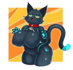  808_(hi-fi_rush) absurd_res anthro anthrofied big_breasts black_body blue_pawpads breasts collar cute_fangs domestic_cat eyelids featureless_breasts featureless_crotch felid feline felis female half-closed_eyes hi-fi_rush hi_res huge_breasts looking_at_viewer machine mammal narrowed_eyes nude open_mouth pawpads robot sem-l-grim slightly_chubby solo whiskers 