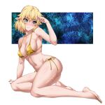  1girl alternate_costume arm_support ass bikini blonde_hair blush breasts cleavage closed_mouth collarbone gold_bikini green_eyes green_nails highres large_breasts looking_at_viewer mizuhashi_parsee navel ootsuki_wataru pointy_ears shiny_skin short_hair solo swimsuit touhou 