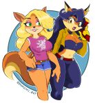  2023 absurd_res activision anthro bandicoot belt blonde_hair blue_hair bottomwear breasts brown_body brown_eyes brown_fur canid canine carmelita_fox clothing collar crash_bandicoot_(series) cutoffs denim denim_clothing dipstick_ears duo ear_piercing ear_ring eyebrows eyelashes female fox fur gloves green_eyes hair handwear hi_res jacket long_hair looking_at_viewer mammal marsupial midriff multicolored_ears navel nazoarts open_mouth pants piercing ring_piercing shirt shorts sly_cooper_(series) sony_corporation sony_interactive_entertainment sucker_punch_productions tan_body tan_fur tawna_bandicoot topwear 