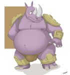  2019 altered_beast anthro arm_armor belly big_belly canson clothing disney ears_up facial_horn hi_res horn leg_armor male mammal mouth_closed navel neff_(altered_beast) nipple_piercing nipples nose_horn obese obese_anthro obese_male overweight overweight_anthro overweight_male piercing purple_body rhinoceros sega shoulder_pads signature solo thong underwear van_vader wide_eyed wreck-it_ralph 