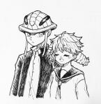  1boy 1girl arthropod_boy black_jacket blind closed_eyes collared_shirt highres hunter_x_hunter jacket kisaragi_02468 komugi_(hunter_x_hunter) long_earlobes long_hair long_sleeves looking_at_another meruem monochrome open_clothes open_jacket school_uniform serafuku shirt simple_background smile upper_body white_background white_hair white_shirt 