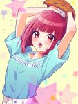  1girl :o arima_kana arms_up baseball baseball_mitt baseball_uniform blue_shirt blunt_bangs blush bob_cut collarbone commentary_request copyright_name highres inverted_bob junjonta looking_at_viewer medium_hair open_mouth oshi_no_ko red_eyes red_hair shirt short_sleeves solo sportswear star_(symbol) teeth upper_body upper_teeth_only yellow_background 