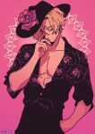  1boy black_headwear black_pants black_shirt blonde_hair collared_shirt curly_eyebrows flower hand_on_own_face highres looking_at_viewer male_focus one_piece pants pink_background pink_flower pink_rose rose sanji_(one_piece) shirt snozberriezz 