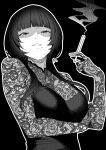  1girl absurdres ariadani_oriko arm_under_breasts black_background black_dress black_hair blunt_bangs breasts cigarette dress gloves greyscale high_collar highres holding holding_cigarette koiso_usu lace lace_gloves lace_shirt large_breasts looking_at_viewer mole mole_under_mouth monochrome original parted_lips shaded_face short_hair_with_long_locks simple_background sleeveless sleeveless_dress solo upper_body 