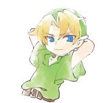  1boy arms_behind_head arms_up belt blonde_hair blue_eyes commentary_request green_headwear green_shirt hair_intakes happy hat link looking_at_viewer male_child male_focus parted_lips partial_commentary shirt short_hair short_sleeves sidelocks simple_background sketch smile solo the_legend_of_zelda the_legend_of_zelda:_ocarina_of_time ukata upper_body v-shaped_eyebrows white_background young_link 